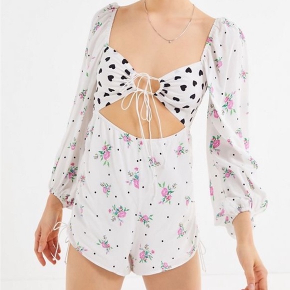 For Love And Lemons Pants - For Love and Lemons Dolly Romper Playsuit Floral Heart Print Size Medium